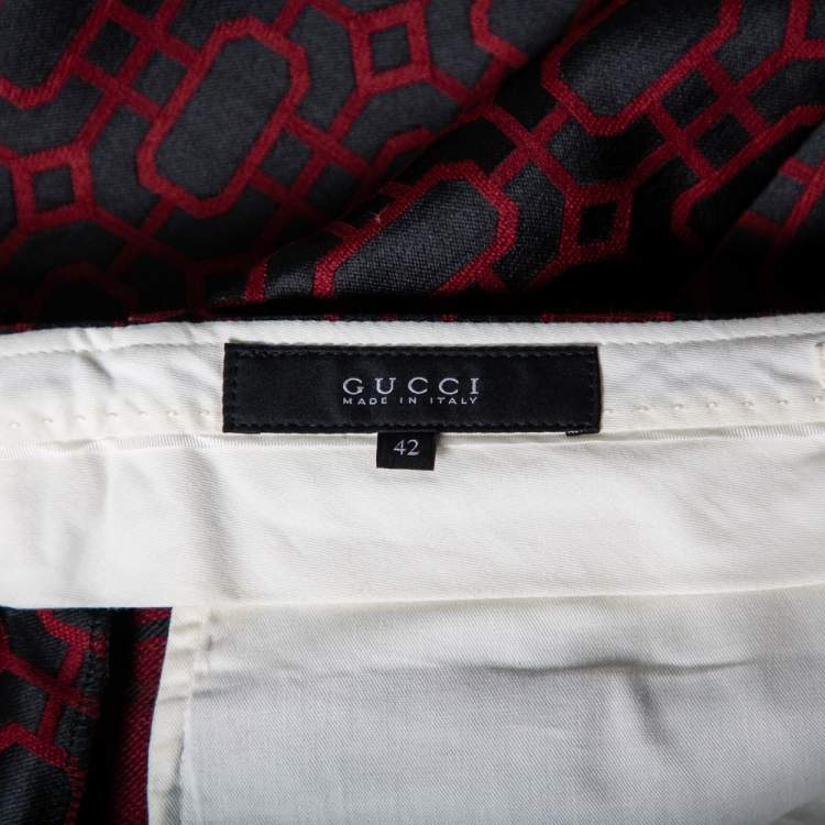 Pre Owned Gucci Black & Red Geometric Jacquard Wool Pants M 
