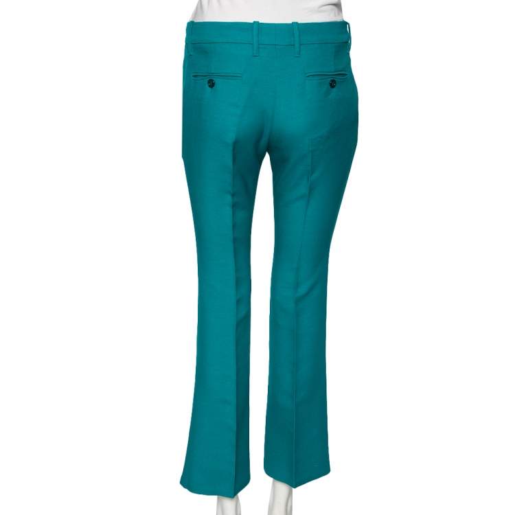 Pre Owned Gucci Teal Blue Silk & Wool Straight Bootcut Pants M 