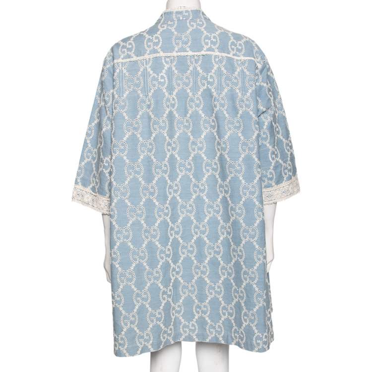 Pre Owned Gucci Blue GG Patterned Eyelet Chambray & Lace Trim Detail Shirt Dress L