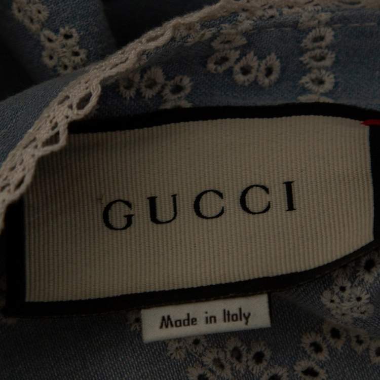 Pre Owned Gucci Blue GG Patterned Eyelet Chambray & Lace Trim Detail Shirt Dress L