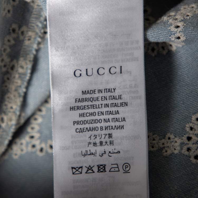 Pre Owned Gucci Blue GG Patterned Eyelet Chambray & Lace Trim Detail Shirt Dress L