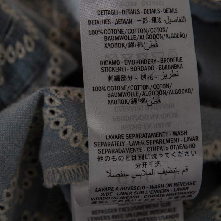 Pre Owned Gucci Blue GG Patterned Eyelet Chambray & Lace Trim Detail Shirt Dress L