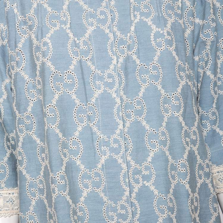 Pre Owned Gucci Blue GG Patterned Eyelet Chambray & Lace Trim Detail Shirt Dress L
