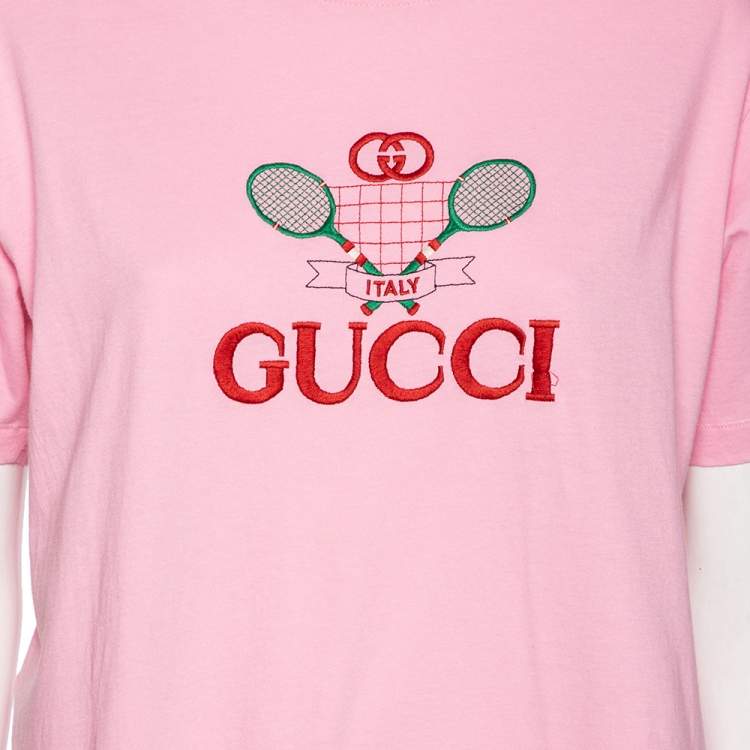 Pre Owned Gucci Pink Cotton Tennis Logo Embroidered Crewneck T-Shirt L