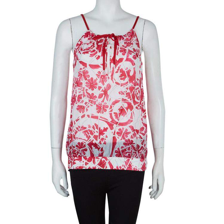 Pre Owned Gucci White Cotton Floral Print Sleeveless Tank Top M