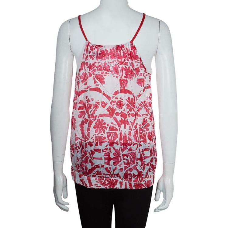 Pre Owned Gucci White Cotton Floral Print Sleeveless Tank Top M