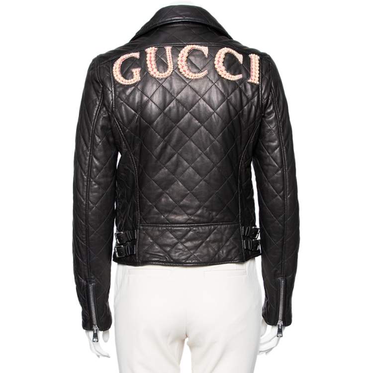 Pre Owned Gucci Black Leather Logo Embellished Zip Front Biker Jacket S