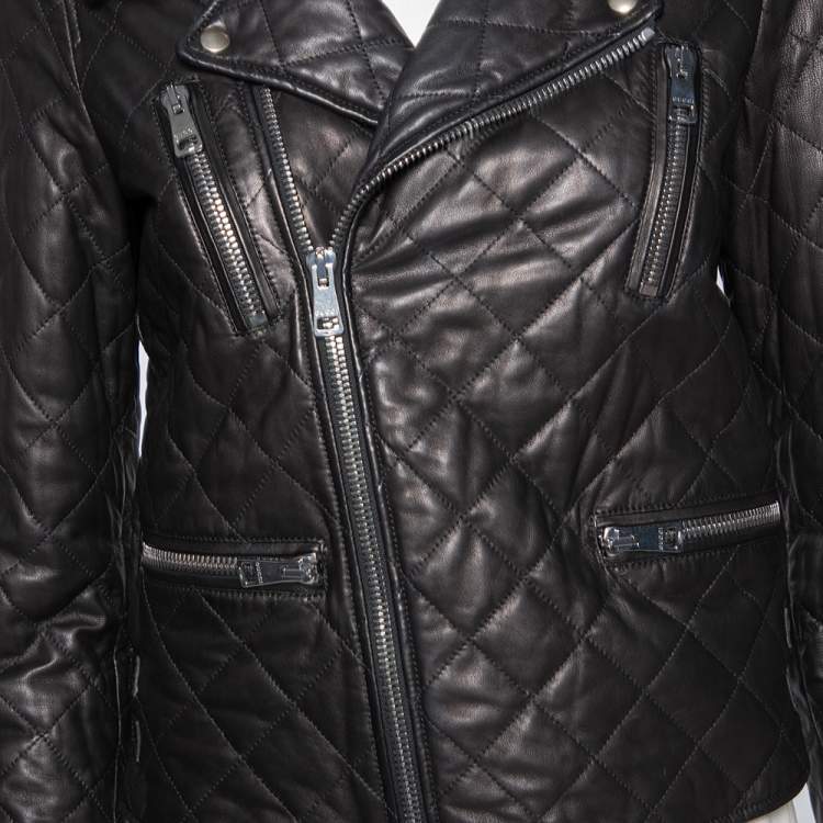 Pre Owned Gucci Black Leather Logo Embellished Zip Front Biker Jacket S