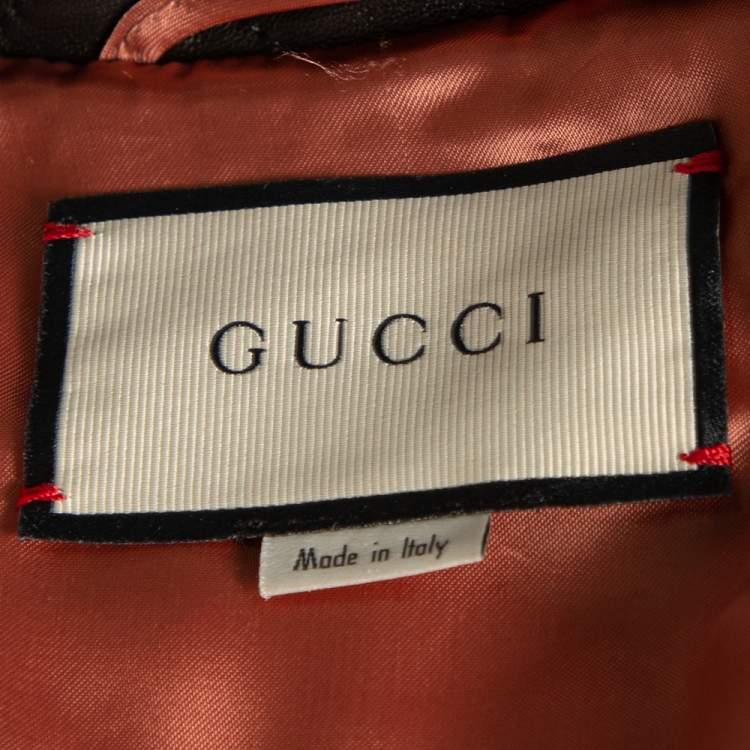 Pre Owned Gucci Black Leather Logo Embellished Zip Front Biker Jacket S