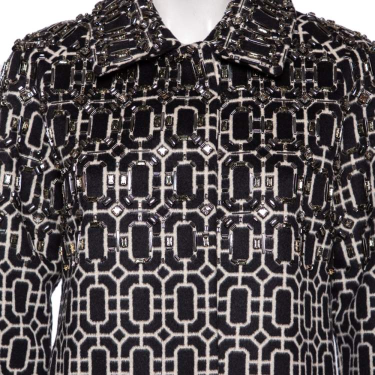 Pre Owned Gucci Monochrome Geometric Pattern Embellished Wool Coat M