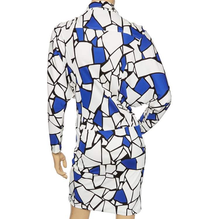 Pre Owned Gucci White & Blue Printed Jersey Front Tie Detail Draped Dress XS