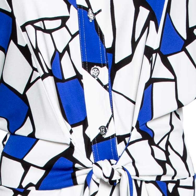 Pre Owned Gucci White & Blue Printed Jersey Front Tie Detail Draped Dress XS