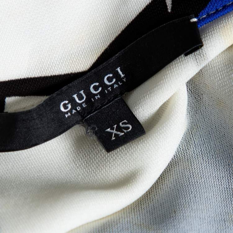 Pre Owned Gucci White & Blue Printed Jersey Front Tie Detail Draped Dress XS