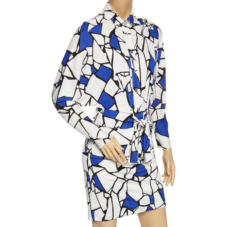 Pre Owned Gucci White & Blue Printed Jersey Front Tie Detail Draped Dress XS
