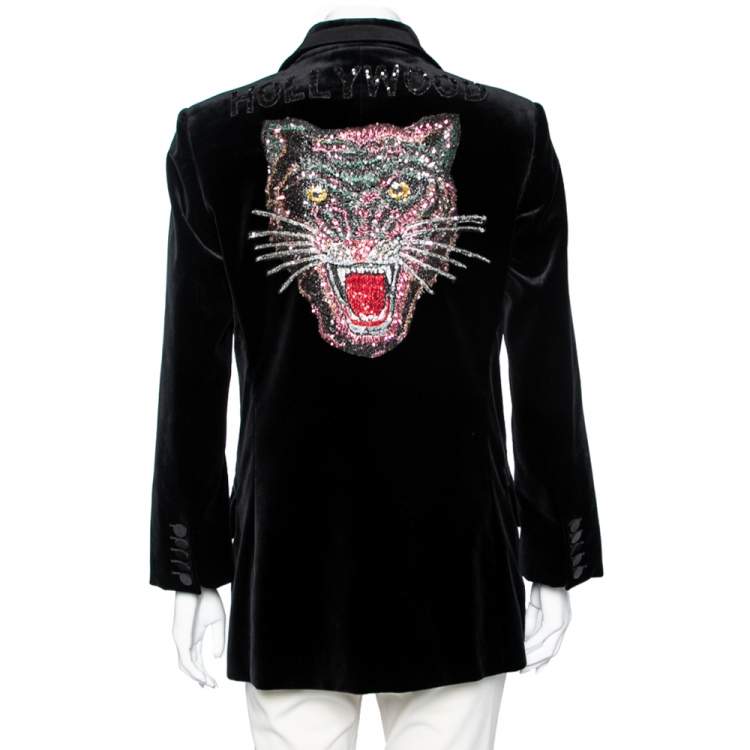 Pre Owned Gucci Black Velvet Embroidered Tiger Embellished Single Breasted Blazer L