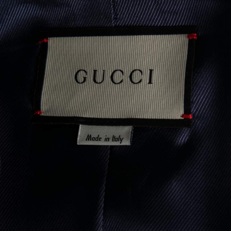 Pre Owned Gucci Navy Blue & Yellow Trimmed Satin Embroidered Long Sleeves Jacket M