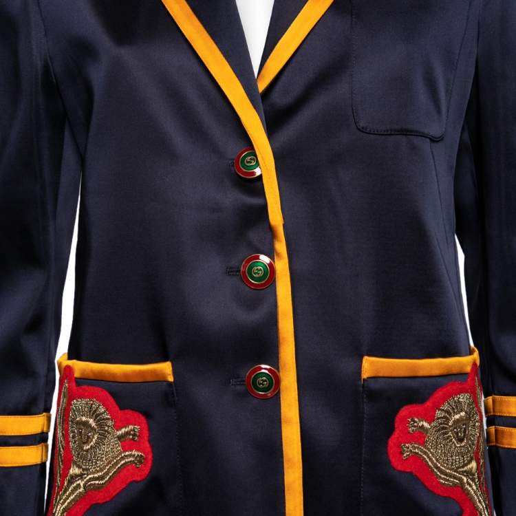 Pre Owned Gucci Navy Blue & Yellow Trimmed Satin Embroidered Long Sleeves Jacket M