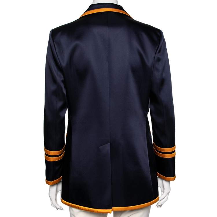 Pre Owned Gucci Navy Blue & Yellow Trimmed Satin Embroidered Long Sleeves Jacket M