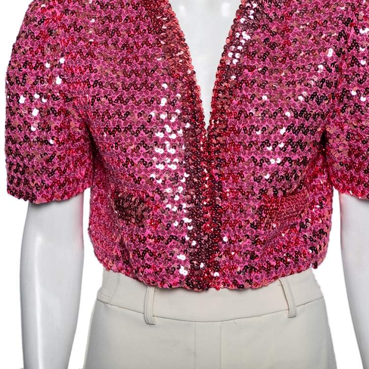 Pre Owned Gucci Pink Lamé & Sequin Embellished Cropped Jacket XXL