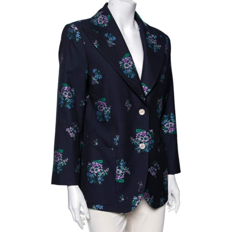 Pre Owned Gucci Navy Blue Floral Jacquard Cotton & Wool Single Breasted Blazer L