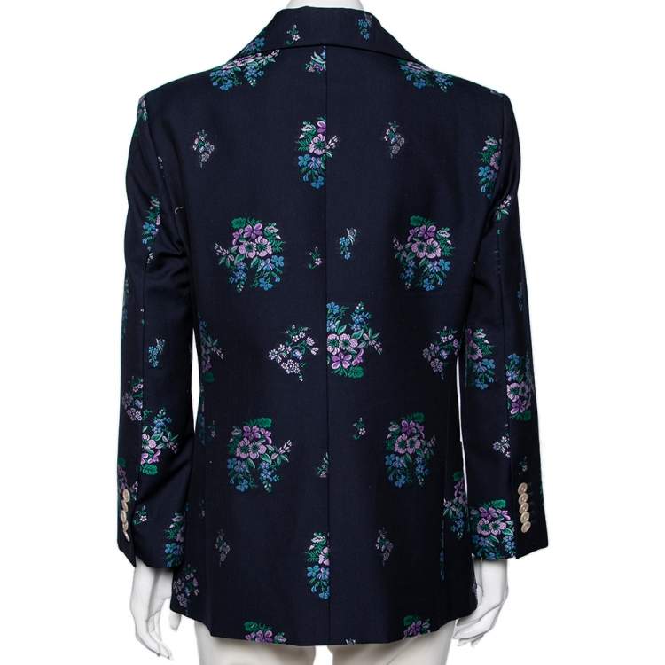 Pre Owned Gucci Navy Blue Floral Jacquard Cotton & Wool Single Breasted Blazer L