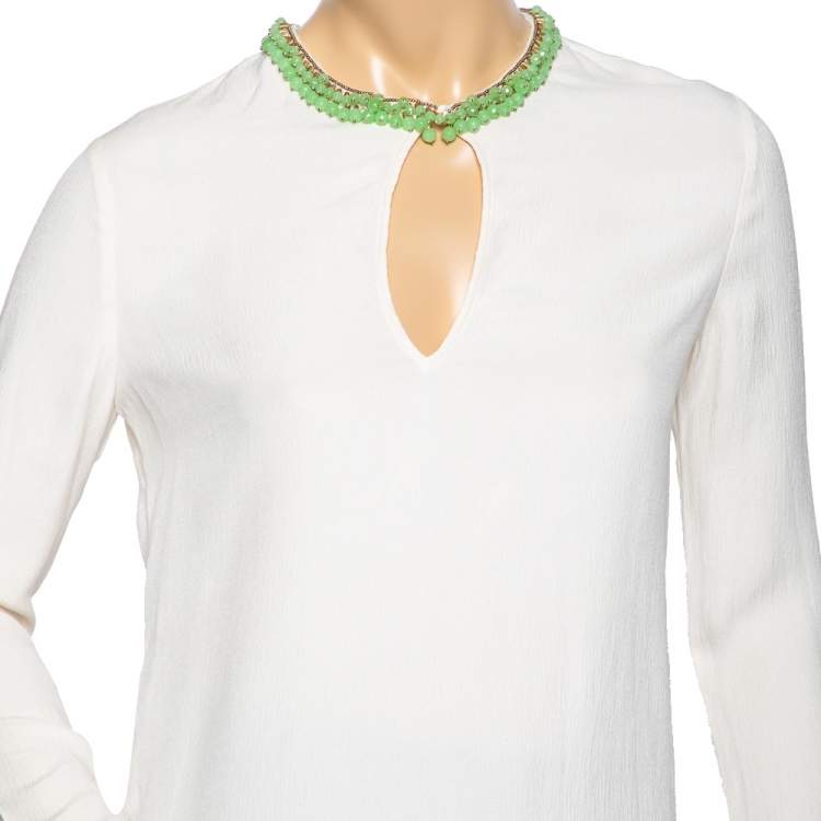 Pre Owned Gucci Cream Crinkled Silk Bead Embellished Long Sleeve Blouse S