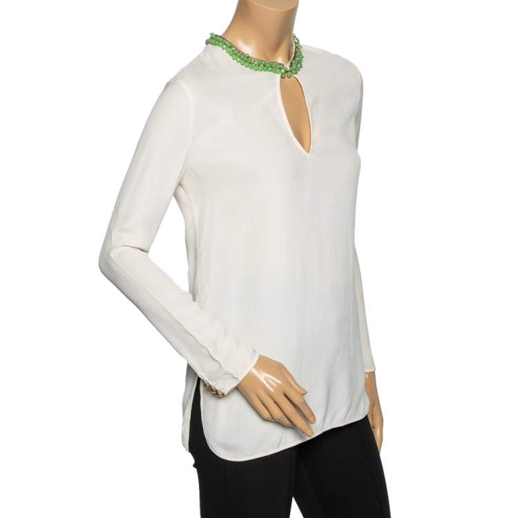Pre Owned Gucci Cream Crinkled Silk Bead Embellished Long Sleeve Blouse S