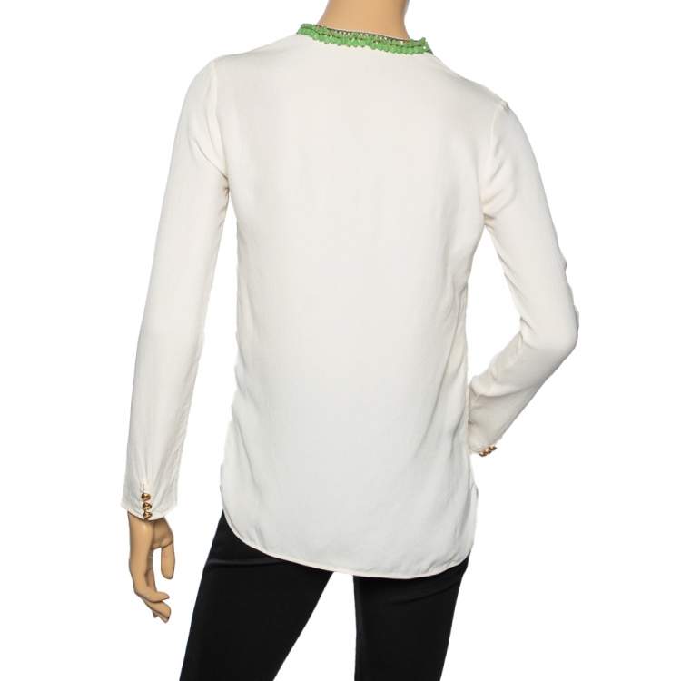 Pre Owned Gucci Cream Crinkled Silk Bead Embellished Long Sleeve Blouse S