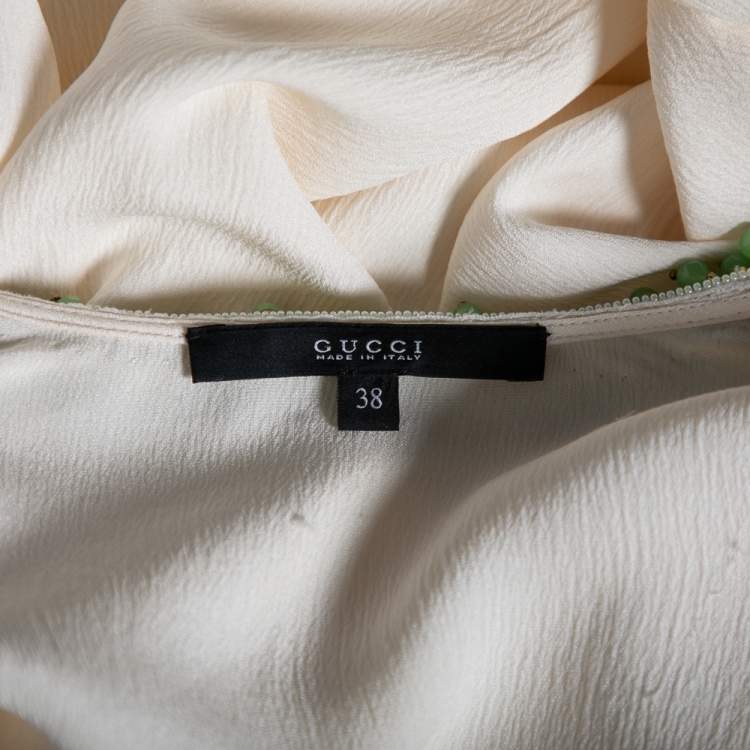 Pre Owned Gucci Cream Crinkled Silk Bead Embellished Long Sleeve Blouse S