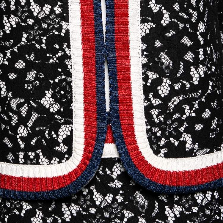 Pre Owned Gucci Black Lace Web Stripe Trimmed Scuba Sartorial Jacket & Skirt Set S/M