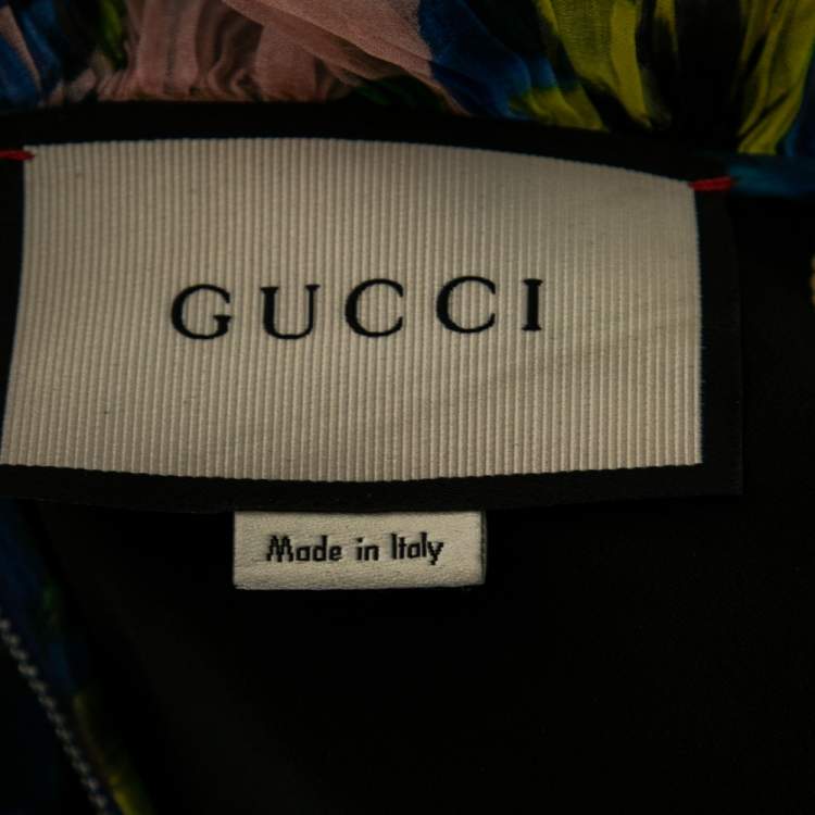 Pre Owned Gucci Blue Violet Printed Silk Organza Ruffle Trimmed Plisse Maxi Dress M