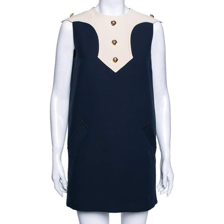 Pre Owned Gucci Beige/Blue Silk Sleeveless Shift Dress S