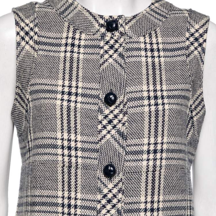 Pre Owned Gucci Beige/Blue Check Print Wool Sleeveless Jacket M