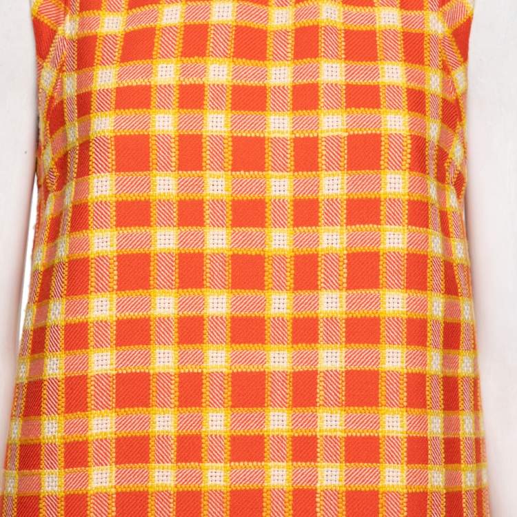 Pre Owned Gucci Orange/Yellow Tweed Checkered Shift Dress S