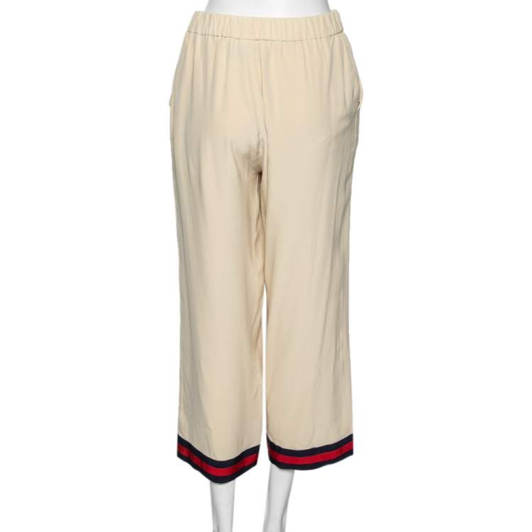 Pre Owned Gucci Light Beige Silk Web Stripe Trimmed Wide Leg Pants M