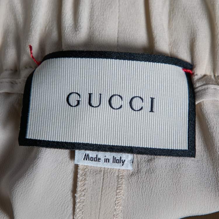 Pre Owned Gucci Light Beige Silk Web Stripe Trimmed Wide Leg Pants M