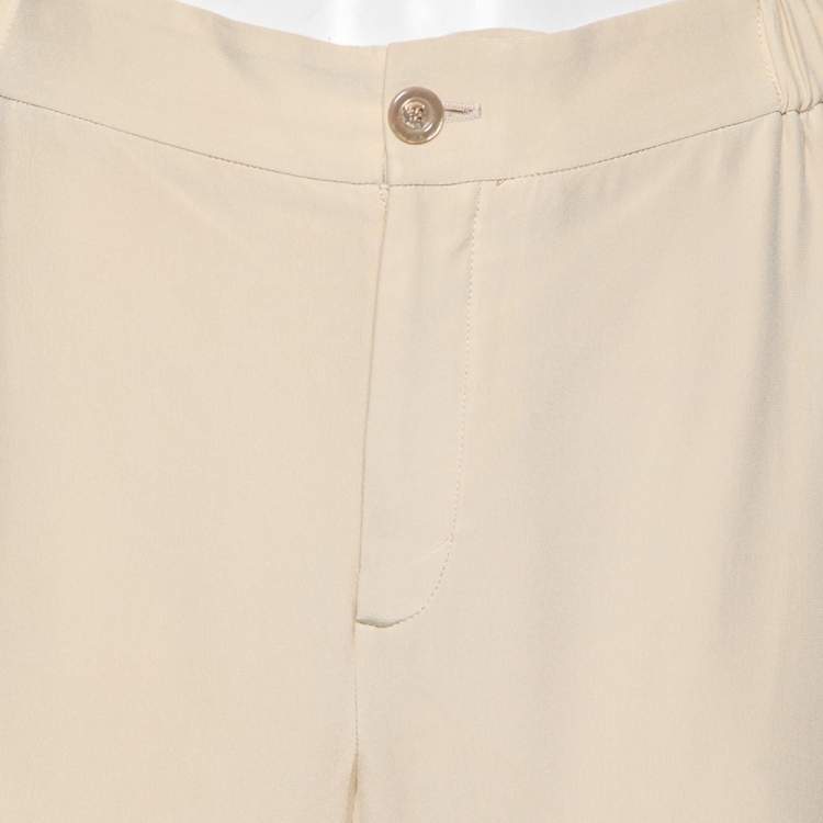 Pre Owned Gucci Light Beige Silk Web Stripe Trimmed Wide Leg Pants M
