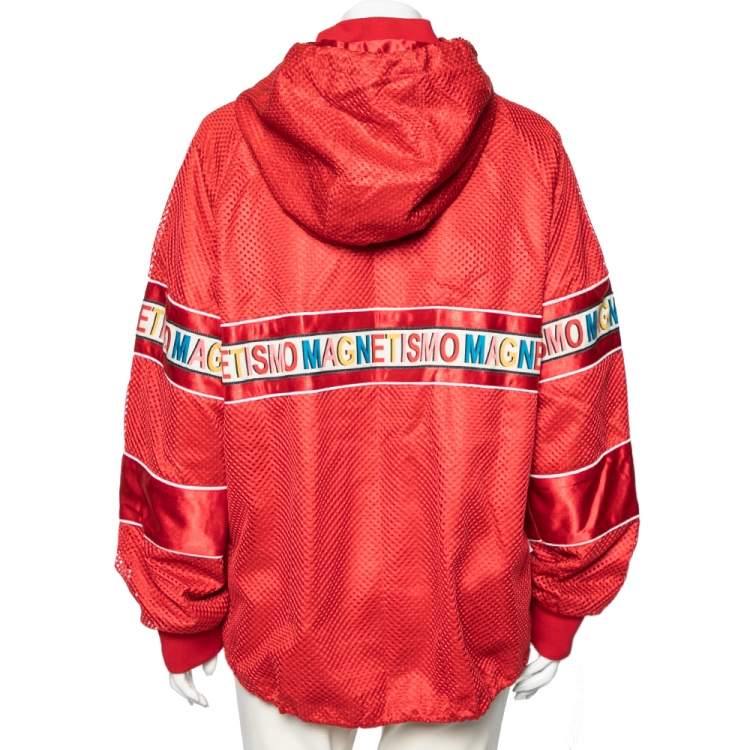 Pre Owned Gucci Red Mesh & Satin Magnetismo Stripe Trimmed Zip Front Hooded Jacket XL