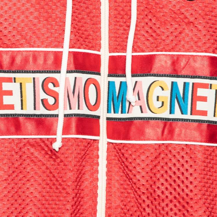 Pre Owned Gucci Red Mesh & Satin Magnetismo Stripe Trimmed Zip Front Hooded Jacket XL