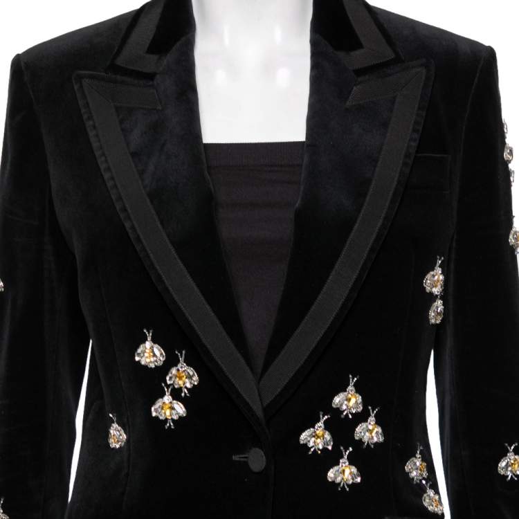 Pre Owned Gucci Black Velvet Crystal Bee Embellished Single Breasted Blazer M