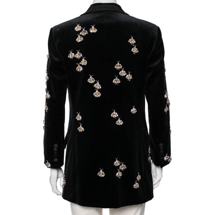 Pre Owned Gucci Black Velvet Crystal Bee Embellished Single Breasted Blazer M