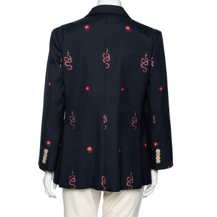 Pre Owned Gucci Navy Blue Snake & Floral Embroidered Wool Single Breasted Blazer L