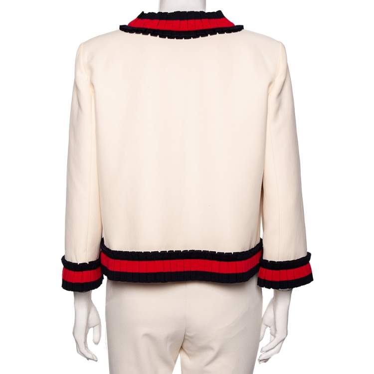 Pre Owned Gucci Cream Silk and Cotton Blend Cropped Web Trim Jacket L