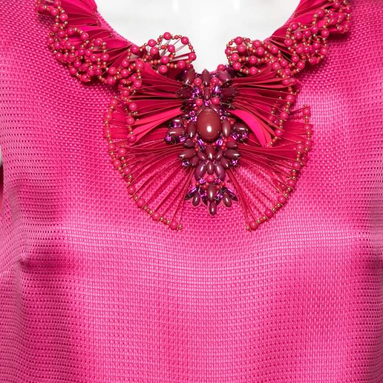 Pre Owned Gucci Pink Textured Silk Embellished Neck Detailed Sleeveless Dress M
