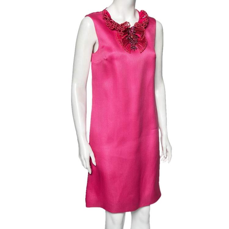 Pre Owned Gucci Pink Textured Silk Embellished Neck Detailed Sleeveless Dress M