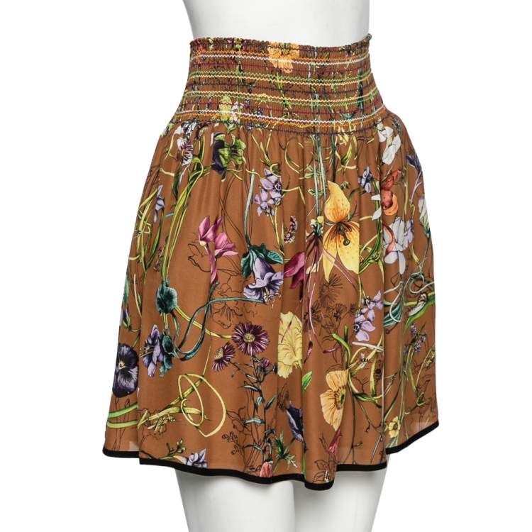 Pre Owned Gucci Brown Floral Printed Silk Mini Skirt M