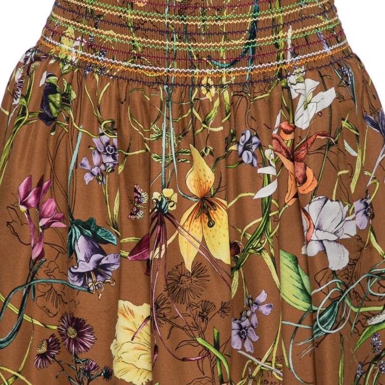 Pre Owned Gucci Brown Floral Printed Silk Mini Skirt M