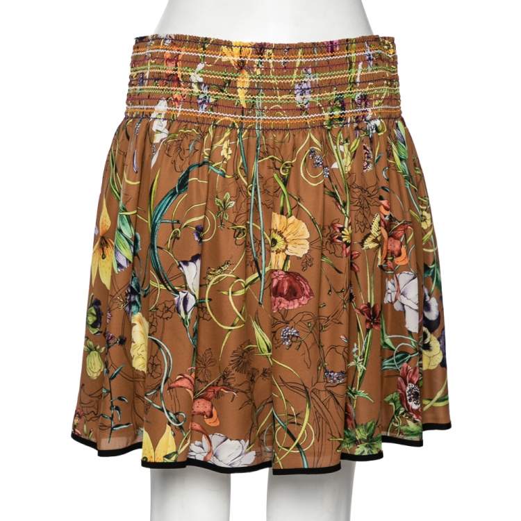 Pre Owned Gucci Brown Floral Printed Silk Mini Skirt M