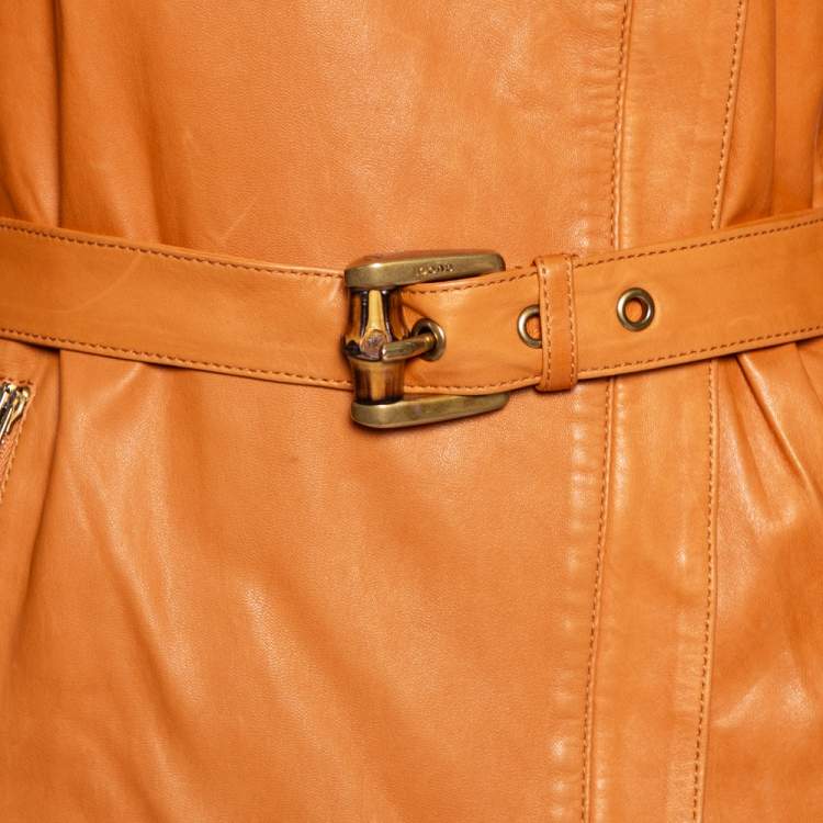 Pre Owned Gucci Tan Leather Front Zip Long Sleeve Jacket M