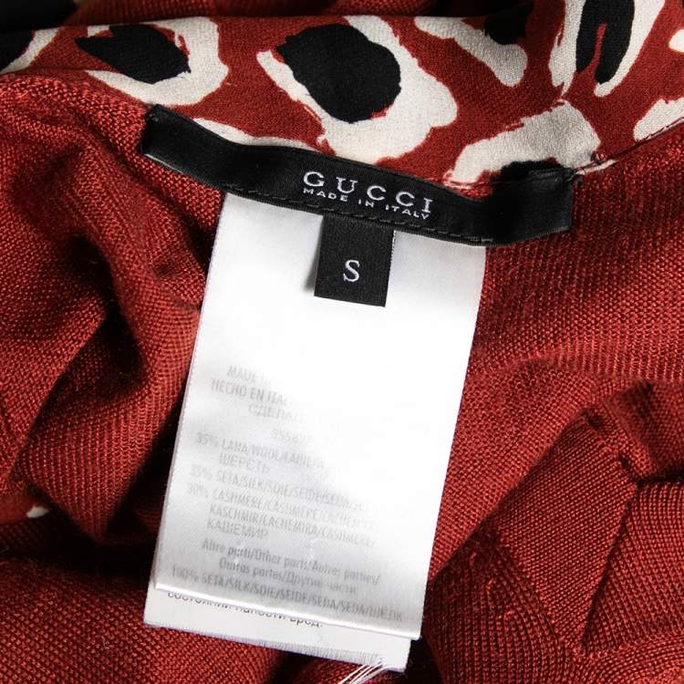 Pre Owned Gucci Brick Red Wool Knit Printed Neck Tie Detail Top S